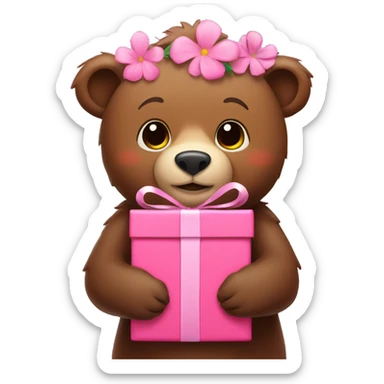 Brown bear holding a present wit pink flowers on its head sticker
