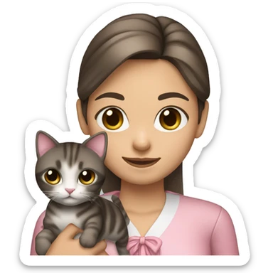 Brunette girl with straight hair in a pink blouse, holding a gray, striped, brown-eyed cat with a bow in her arms sticker