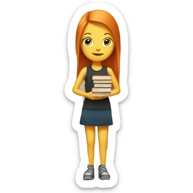 A stack of books next to a ginger girl  sticker