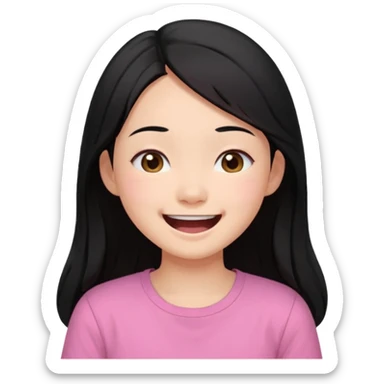 a girl genuinely feeling happy so so so much laughing so hard with her eyes folded long black hair asian girl on a pink shirt sticker