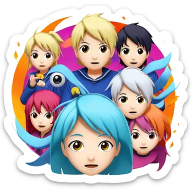 Icon for Anime: vibrant, dynamic scene with anime characters in action, featuring exaggerated expressions and colorful backgrounds. The design should reflect the distinct, energetic style of anime, with iconic eyes and unique visual elements. Transparent background. sticker