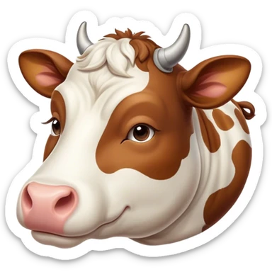 Meme-Worthy Cute Sleeping Brown and White Cow Portrait Emoji, Head resting peacefully with a contented smile, showcasing a robust build and a luxuriously soft patterned hide of brown and white, eyes shut in a serene, restful nap, Simplified yet hilariously adorable features, highly detailed, glowing with a soft, drowsy light, high shine, relaxed and utterly lovable, stylized with an air of playful laziness, bright and heartwarming, soft glowing outline, capturing the essence of a comically sleepy cow, so meme-worthy it feels like it could instantly become the next viral sensation of adorable slumber! sticker