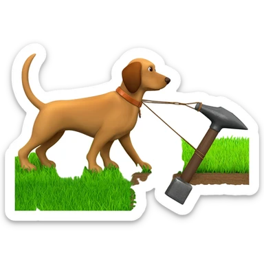 Pack hound standing on green grass pulling an anvil with  an electric shaver under anvil  show the green grass behind the anvil lower cut grass path behind anvil.showing a shaven  path along green grass by leads or chains. Show the shaver cutting the grass sticker