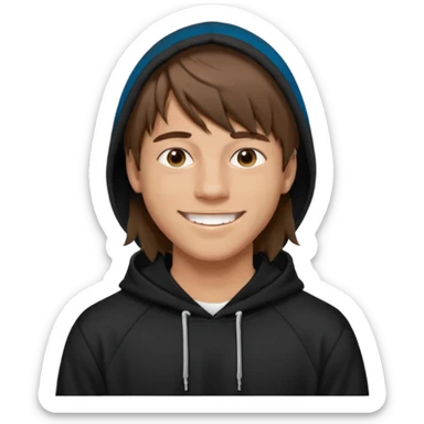 20 yr old man, brown hair, straight, big smile, white teeth, tanned skin, bangs, black hooded sweatshirt, long hair in back, center-parted bangs sticker