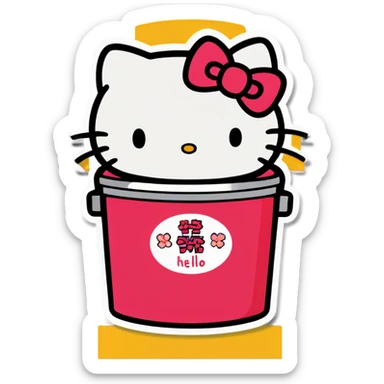 A trash bin that says goodbye with hello Kitty in it sticker