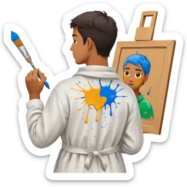 the artist stands with his back to the painting, painting a portrait sticker