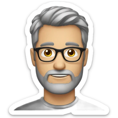 Caucasian man 40. brown eyes. short hair and short gray beard. disheveled on end. black glasses sticker