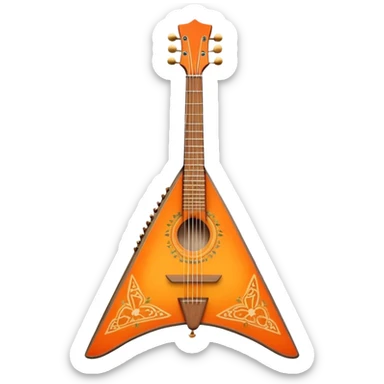 Create a vibrant and traditional emoji representing a three-stringed balalaika 'Prima.' The design should feature the characteristic triangular body of the balalaika with its three strings and visible tuning pegs. The woodwork should be simple yet elegant, reflecting the traditional Russian craftsmanship. Add subtle musical notes around the instrument to symbolize its cultural sound. Use rich, warm colors like natural wood tones, orange, and gold accents to convey its authenticity and musical heritage. The background should be transparent. sticker