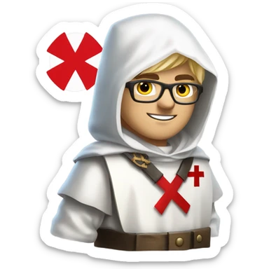 blond haired Masonic knight Templar wearing glasses and a white tunic with a Red Cross on the front and a white mantle with a hood with a Red Cross on the left side and a male face  and holding a sword. sticker