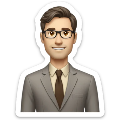 Pale skinned fit man with dark brown hair in gray jacket, beige office shirt, brown tie, brown pants and vintage glasses Writing text on a marker board sticker
