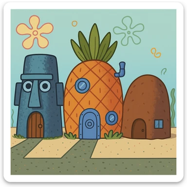 All three houses together in Bikini Bottom, cartoon style sticker