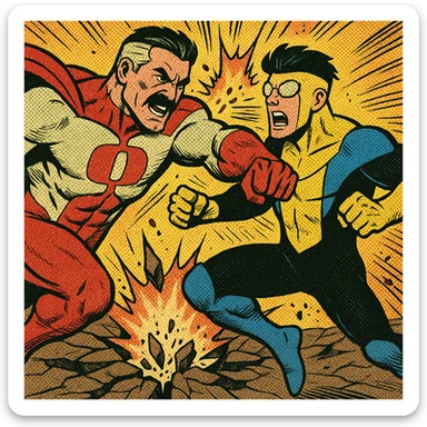 Omni-Man and Invincible exchanging blows, comic book style, shattered ground, explosive impact, high energy sticker