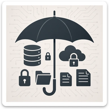 security and risk management, umbrella covering data icons, protective style sticker