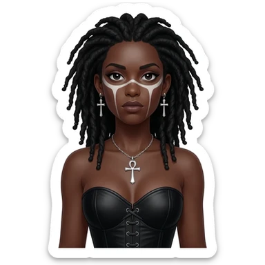 goth black girl with black corset, with brown skin, cross earrings, ankh necklace with black dreadlocks with whole white face paint sticker