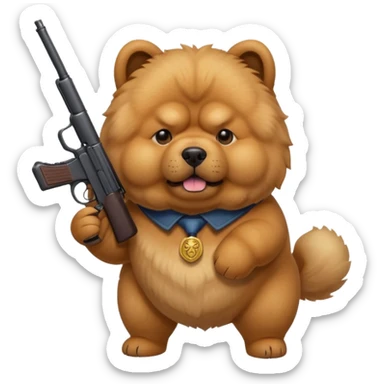 Funny realistic-style chow chow dog with light fur standing on its hind legs and holding a gun menacingly sticker