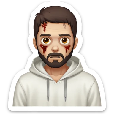 thinking zombie wearing plain white hoodie with no designs, dark brown hair and short full beard sticker