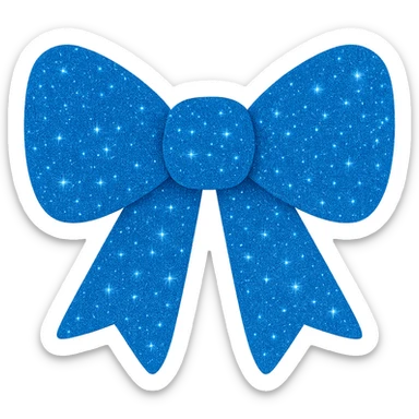 Make the decorative bow blue and covered in glitter, shiny and vibrant, no background. The style should highlight the shiny and vibrant glitter texture with a bright blue color, keeping the bow decorative and eye-catching. sticker