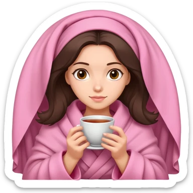 brunette girl hair wrapped in pink blanket holding tea with both hands sticker