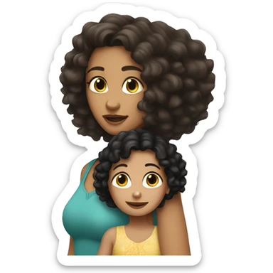 Caucasian woman with straight Brunette hair holding a caucasian girl toddler with curly black hair sticker