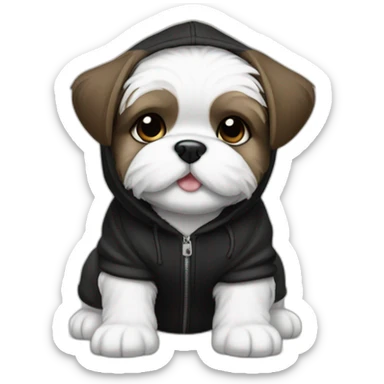 Happy back and white Shitz tzu puppy wearing a black hoodie sticker