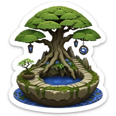 Alien spacecraft hanging-jungle vines mountain-island landscape mudman very old broken cracked intricate Stone Age rocky-crusted irregular dodecagon-shaped shallow dark moss rough bark blue willow flowered maple tree bonsai pot sticker