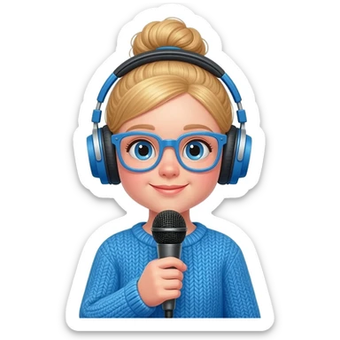 a girl with blue knitwear with a blonde hair
bun, blue glasses and her job is a podcaster (condenser microphone in front of her face and a headphone in her head) sticker