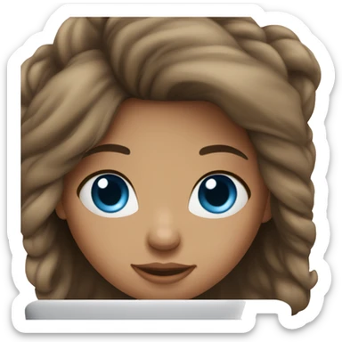 A brunette girl, blue eyes, works on a MacBook sticker