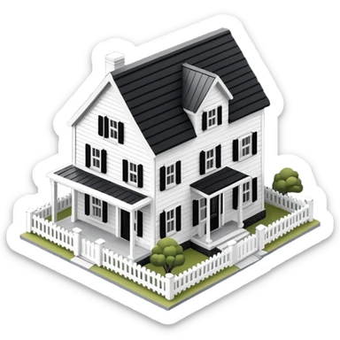 Black and white farmhouse exterior, isometric dollhouse-style, highly detailed  sticker