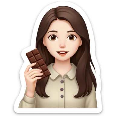 beautiful pale brunette girl with long hair eating a bar of chocolate  sticker