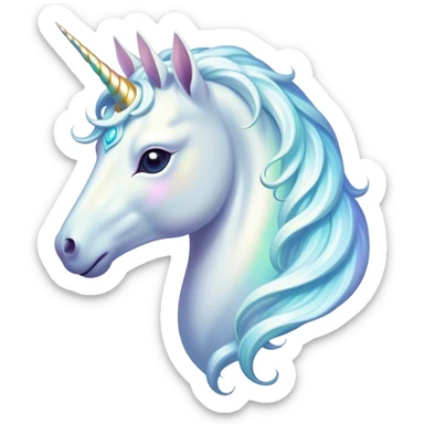 Cinematic Noble White Unicorn Portrait Emoji, Poised and regal, with a slender, ethereal form draped in a pristine white color, a flowing mane and tail, and a glistening, spiraled horn that radiates pure light, Simplified yet sharp and sophisticated features, highly detailed, glowing with a soft, iridescent luminescence, high shine, intelligent and transcendent, stylized with an air of mythical enchantment, focused and serene, soft glowing outline, capturing the essence of a watchful and confident white unicorn that appears ready to prance out of the screen with magical grace! sticker