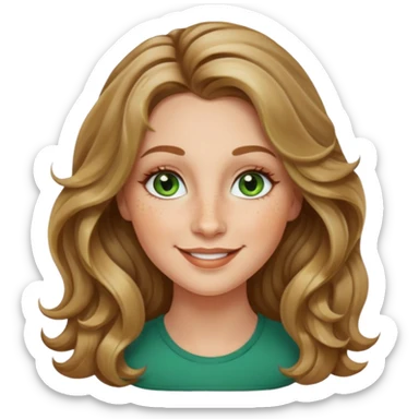 creative women with long dark Blond with highlights wavy hair white women, oval shape face green hazel eyes long lashes freckles on the nose high cheek bones sticker