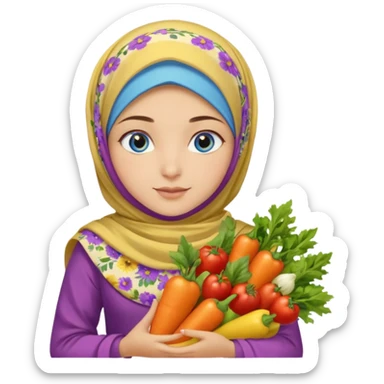 Turkish beautiful finish Konya girl blue eyes with floral yellow and lila hijabi dress and she had on her hand vegetables  sticker
