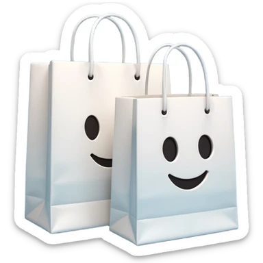 A 3D emoji of two white paper shopping bags, one large and one small, standing next to each other. Soft studio lighting, smooth 3D rendering, claymorphism style, minimalist design, cute, high resolution, isolated on a white background. sticker