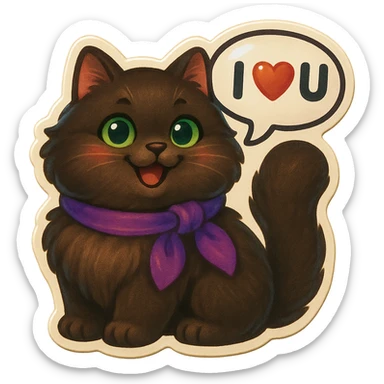 Fluffy happy smiling cute dark-brown cat with green eyes and a purple scarf saying ‘I ♡ U’ (with a speech bubble) sticker
