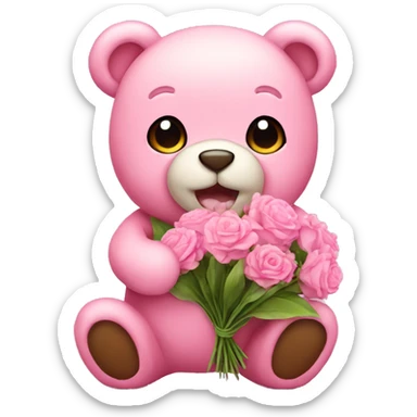Pink cute teddy holding flowers sticker