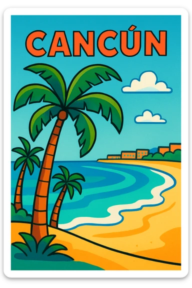 Cancun beach scene with palm trees, turquoise water, white sand, vibrant and inviting sticker