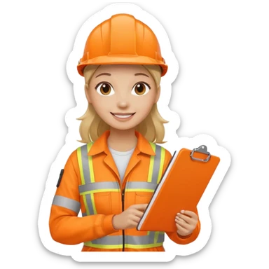 woman in orange hi vis overalls smiling holding a clipboard sticker