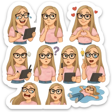 «Создай набор из 10 наклеек в стиле 3D cartoon  женского персонажа (30 лет выглядит моложе)  с прямыми светло русыми волосами ниже лопаток, светлой кожей, большими выразительными голубыми глазами, черные очки для зрения формы кошачий глаз, нос чуть с горбинкой.
Персонаж должен носить пастельную розово-бежевую тай дай футболку с вышивкой @ByUnicorn, голубые джинсы фасона мом, персонаж должен иметь разные выражения: смех до слез, задумчивость, влюбленность (с сердцами вокруг головы), улыбка и создает сердце руками, злость с паром из носа, растерянность (со знаком вопроса), наличие идеи (с зажженной лампочкой), плач со слезами из глаз, удивление с открытым ртом, лежит на спине раскинула руки и ноги в стороны в луже слез. Размер картинки не ограниченный, чтобы все наклейки вместились без обрезки. Стиль мультяшный  DreamWorks, мягкий свет, прозрачный фон, и добавь персонажу в руки графический планшет следи чтобы выглядело органично, красиво, не нарушая законы природы и физики, можешь добавить в другую руку перо от графического планшета, если это будет позволять смысл стикера» sticker