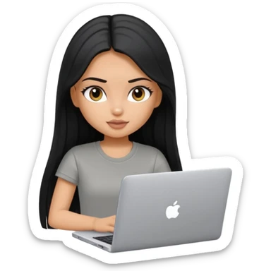 a pretty tan bratz girl with black long straight hair, wearing a grey tshirt using her laptop  sticker