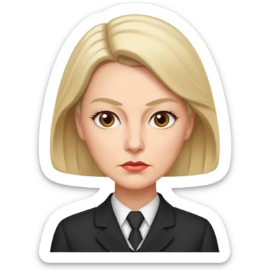 Profesora adulta  dominante, con expresión severa y mirada intimidante. Cabello suelto, liso y peinado con raya de lado al estilo clásico de señora. Rostro duro, cejas fruncidas y labios apretados, uniforme maestra sticker