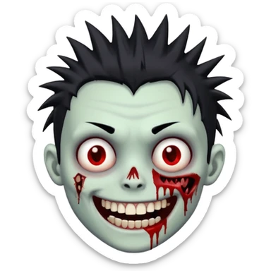 zombie boy with emo spiky hair, white skin, and white eyes; an open smile, and bloodied teeth; sticker
