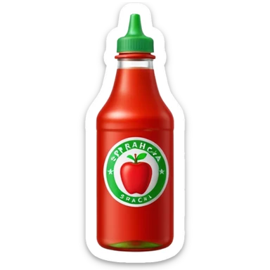 sriracha bottle, upright, bright red, green nozzle cap, translucent, thick glossy red sauce, simple, no label or branding, no dish or extras, apple emoji style, soft lighting, emoji scale sticker