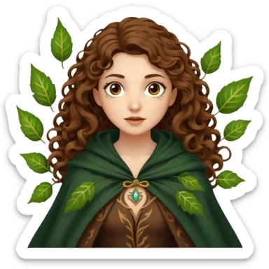 woman with long curly brown hair, brown eyes, white skin, tattoos, cloak made of animated leaves swirling sticker