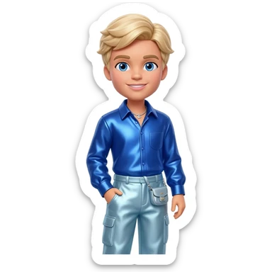 Ken from Barbie and Friends with blue eyes, blonde hair, cobalt blue metallic shirt, light steel blue metallic baggy pants, silver necklace sticker