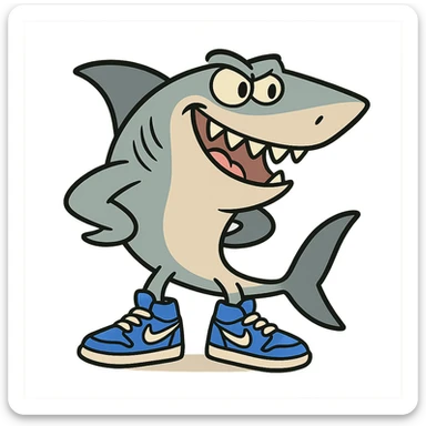a stylized shark with blue Nike shoes, energetic and modern, bold lines sticker