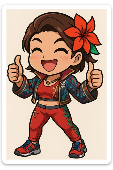 Azucena from Tekken 8 in chibi sticker style, giving a double thumbs up with a super happy expression, wearing the detailed red and patterned outfit from the reference images, designed for Twitch emote use. sticker