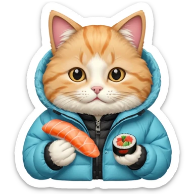 cat wearing a puffy jacket and eating sushi sticker