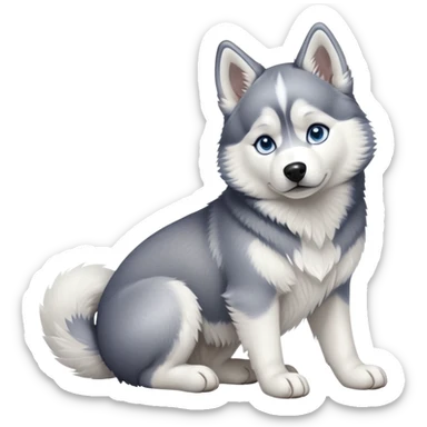 cinematic-[siberian husky]-realistic-full-body-sitting-emoji,-tail-resting-loosely-beside-its-paws,blue eyes-head-tilted-dramatically, -fluffy-[grey and white]-fur,-simplified-yet-realistic-focused-features,-highly-detailed,-glowing-with-an-almost-sarcastic-glow sticker