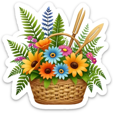 Emoji for Floristry: a bouquet of flowers in a woven basket, with reeds, ferns and floral arranging tools nearby, like scissors and a flower stem. The icon should represent creativity in flower design and arranging. Transparent background. sticker
