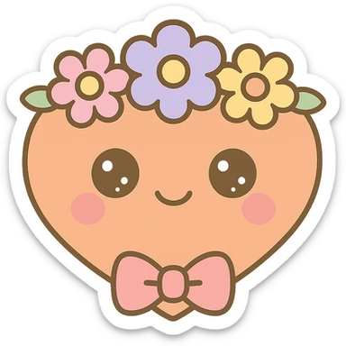 Add a crown of colorful flowers to the orange heart, keeping the cute kawaii style with a smiling face and bow, with no background. sticker